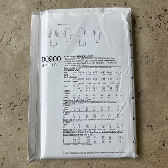 Simplicity D0900 A Easy To Sew Misses' Kimono XXS-XXL Uncut - Picture 2 of 2